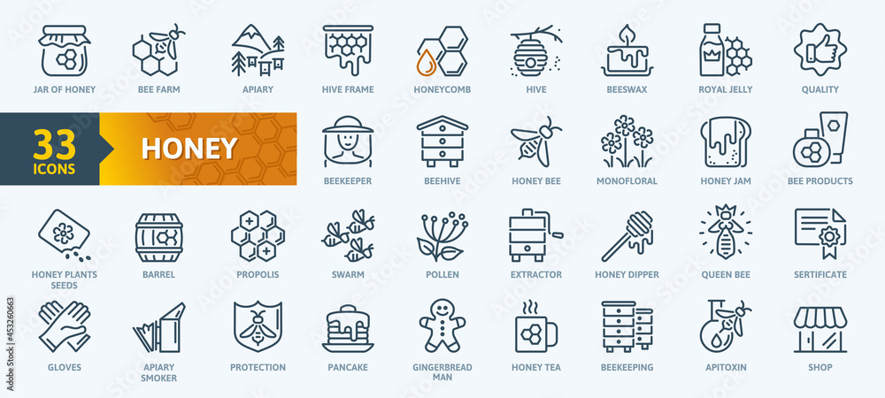 Honey, Apiary, Beekeeping - thin line web icon set. Contains such Icons as Beekeeper, Beehives, Propolis, Bee Farm and more. Outline icons collection. Simple vector illustration. - obrazy, fototapety, plakaty 
