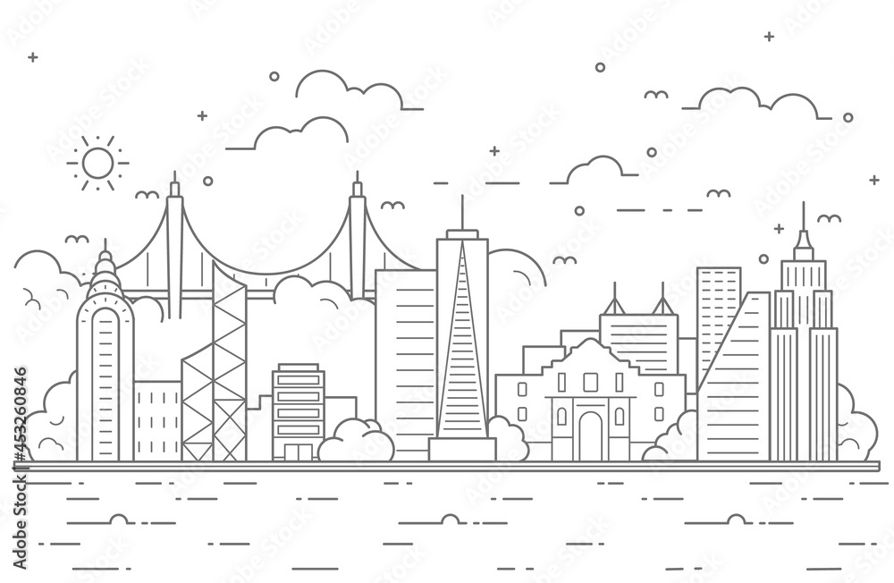 Thin line City landscape. Downtown landscape with high skyscrapers. Panorama architecture City landscape template. buildings and store, shop Isolated outline illustration.