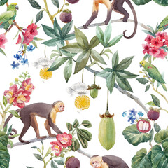 Keuken achterwand Afrikaanse dieren patronen Aquarel aapjes tussen exotische jungle bloemen  © Zenina-Lembrik