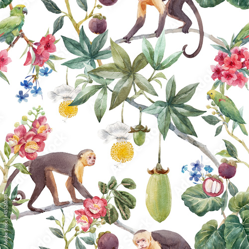 Carta da parati Scimmie - Carta da parati Beautiful seamless tropical floral pattern with cute hand drawn watercolor monkey and exotic jungle flowers. Stock illustration.