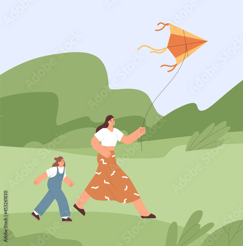 Family playing with air kite and fly it to sky. Mother and kid walking with toy outdoors. Mom and child at summer leisure. Happy woman and girl in nature on holidays. Flat vector illustration