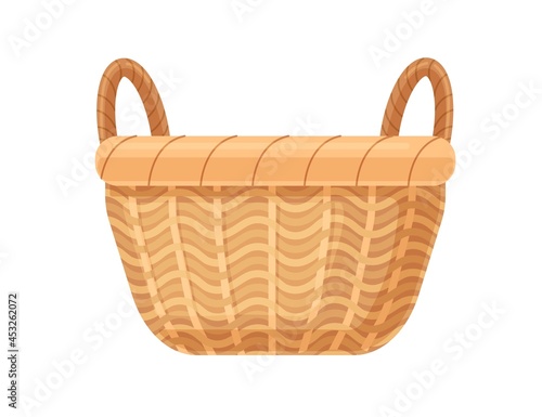 Empty straw basket with two handles. Realistic traditional wicker. Woven bask...
