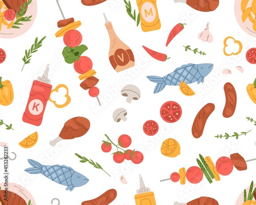 Seamless BBQ pattern with barbecue grilled food on white background. Endless repeating texture with barbeque kebab, meat, fish, sauces and vegetables. Colored flat vector illustration for printing