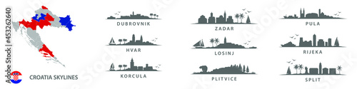 Collection of croatian skylines, big cities in Croatia, eastern europe. Dubrovnik, Zadar, Pula, Hvar, Losinj, Rijeka, Korcula, Plitvice, Split.