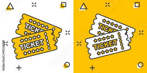 Cinema ticket icon in comic style. Admit one coupon entrance vector cartoon illustration pictogram. Ticket business concept splash effect.