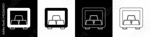 Set Safe with gold bars icon isolated on black and white background. Precious metals on deposit in bank. Metallic treasury. Reliable data protection. Vector