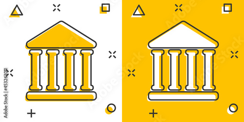 Bank building icon in comic style. Government architecture vector cartoon illustration pictogram. Museum exterior business concept splash effect.