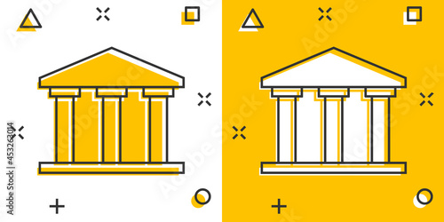 Bank building icon in comic style. Government architecture vector cartoon illustration pictogram. Museum exterior business concept splash effect.