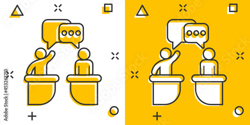 Politic debate icon in comic style. Presidential debates vector cartoon illustration pictogram. Businessman discussion business concept splash effect.