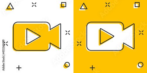 Video camera icon in comic style. Movie play vector cartoon illustration pictogram. Video streaming business concept splash effect.