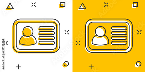 Id card icon in comic style. Identity badge vector cartoon illustration pictogram. Access cardholder people business concept splash effect.