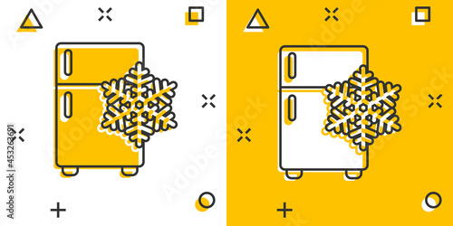 Fridge refrigerator icon in comic style. Freezer container vector cartoon illustration pictogram. Fridge business concept splash effect.
