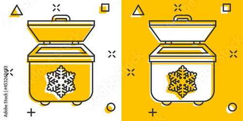 Fridge refrigerator icon in comic style. Freezer container vector cartoon illustration pictogram. Fridge business concept splash effect.