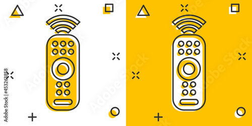 Remote control icon in comic style. Infrared controller vector cartoon illustration on white isolated background. Tv keypad business concept splash effect.