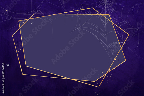 Gold polygon frame on spider web purple background