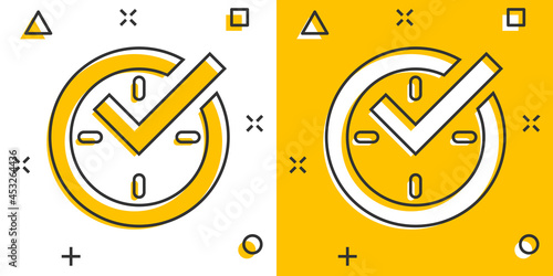 Real time icon in comic style. Clock vector cartoon illustration on white isolated background. Watch business concept splash effect.