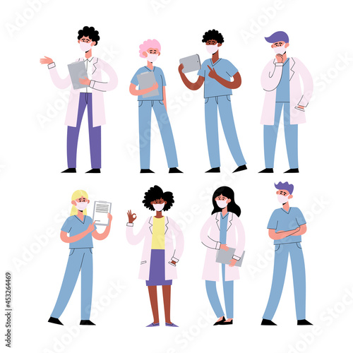 Vector set of standing doctors and nurses in face mask