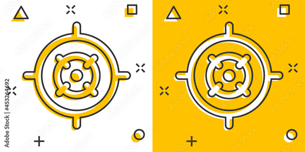 Shooting target vector icon in comic style. Aim sniper symbol cartoon illustration on white background. Target aim business concept splash effect. Shooting target vector icon in comic style. Aim sniper symbol cartoon illustration on white background. Target aim business concept splash effect.