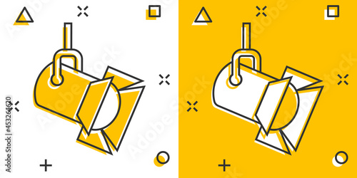 Spotlight icon in comic style. Lamp vector cartoon illustration on white isolated background. Flashlight business concept splash effect.