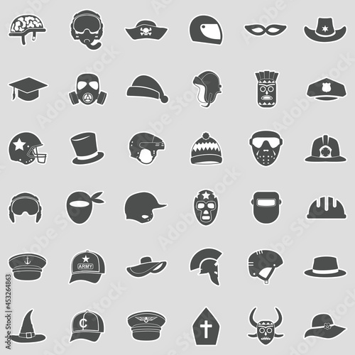 Hats And Masks Icons . Sticker Design. Vector Illustration.