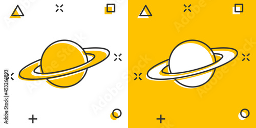 Saturn icon in comic style. Planet vector cartoon illustration on white isolated background. Galaxy space business concept splash effect.