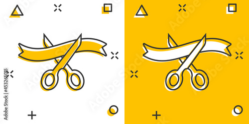Scissors icon in comic style. Cutting ribbon vector cartoon illustration on white isolated background. Ceremonial business concept splash effect.