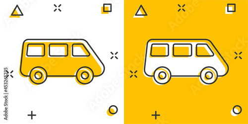 Passenger minivan sign icon in comic style. Car bus vector cartoon illustration on white isolated background. Delivery truck banner business concept splash effect.