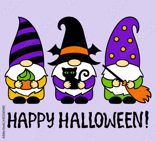 Halloween gnomes with black cat, cake, broom. Happy Halloween. Cartoon characters. Holidays greeting card. Halloween party phrase. Funny vector illustration. For invitations, cards, sublimation.