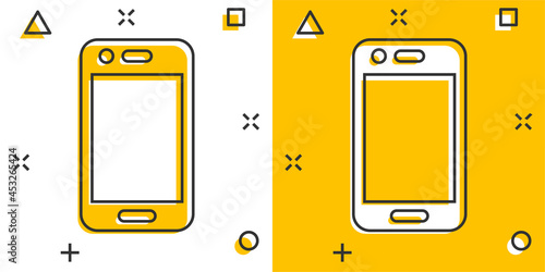 Phone device sign icon in comic style. Smartphone vector cartoon illustration on white isolated background. Telephone business concept splash effect.