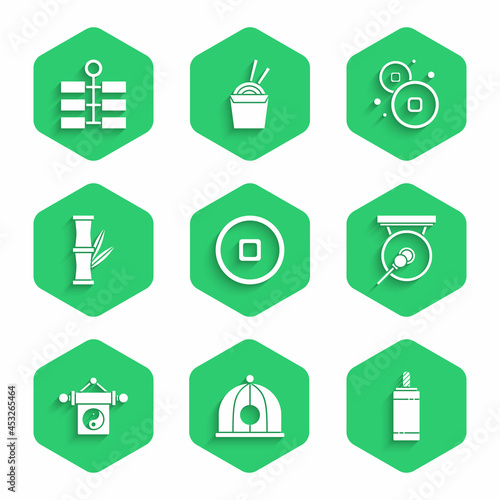 Set Chinese Yuan currency, hat, Firework, Gong, Yin Yang, Bamboo, and icon. Vector