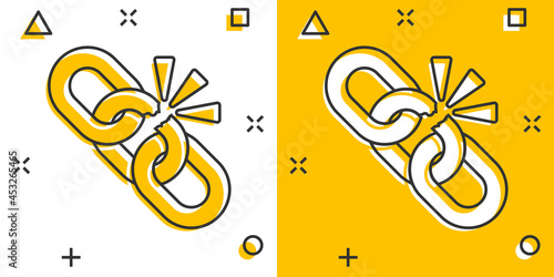 Broken chain sign icon in comic style. Disconnect link vector cartoon illustration on white isolated background. Detach business concept splash effect.