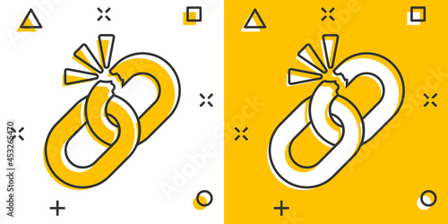 Broken chain sign icon in comic style. Disconnect link vector cartoon illustration on white isolated background. Detach business concept splash effect.