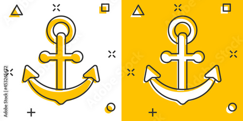 Boat anchor sign icon in comic style. Maritime equipment vector cartoon illustration on white isolated background. Sea security business concept splash effect.