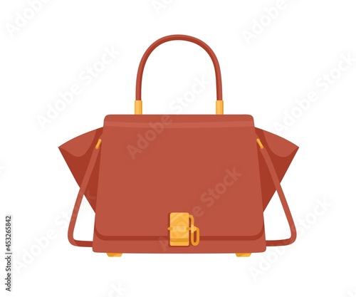 Fashion women trapeze flap bag with handle, shoulder strap and gold buckle. Modern stylish handbag with wide expanded side wings. Colored flat vector illustration isolated on white background