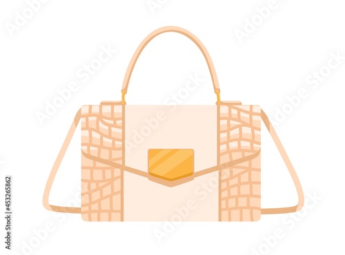 Fashion women flap handbag with gold buckle, handle and strap. Modern shoulder bag from smooth and textured leather. Rectangular hand luggage. Flat vector illustration isolated on white background