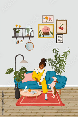 Girl talking on a phone on a blue couch sketch style background vector