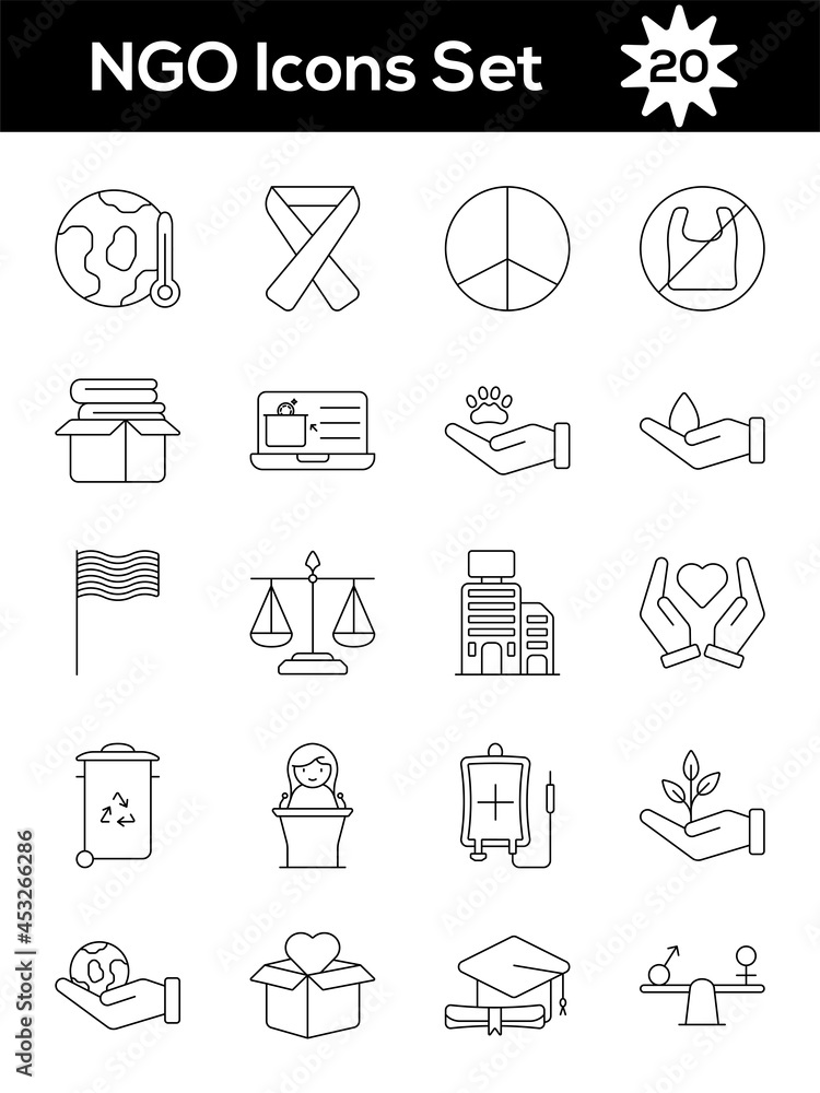 Black Line Art Set Of NGO Icon In Flat Style. Black Line Art Set Of NGO Icon In Flat Style.