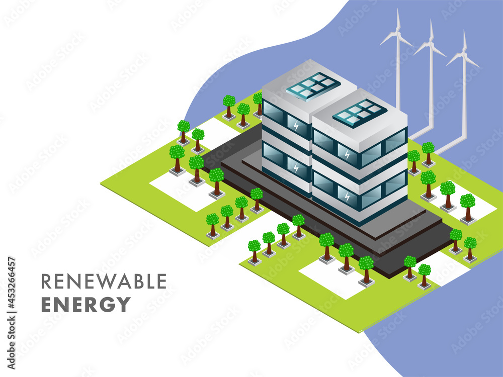 Renewable Energy Concept With 3D Solar Building, Yard View And Windmill On Blue And White Background.