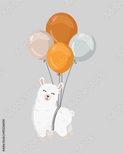 Cute alpaca on the balloons. Great for nursery design, poster, birthday greeting card.  Happy birthday.  Flat vector cartoon illustration.