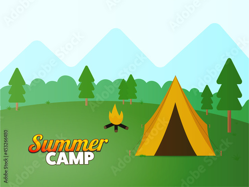 Summer Camp Poster Design With Tent Illustration, Bonfire On Nature Landscape Background.