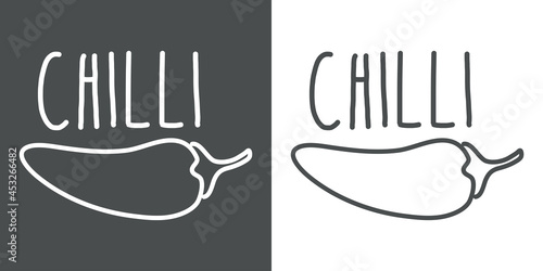Logotipo con texto manuscrito Chilli escrito a mano en silueta de pimiento con lineas en fondo gris y fondo banco
