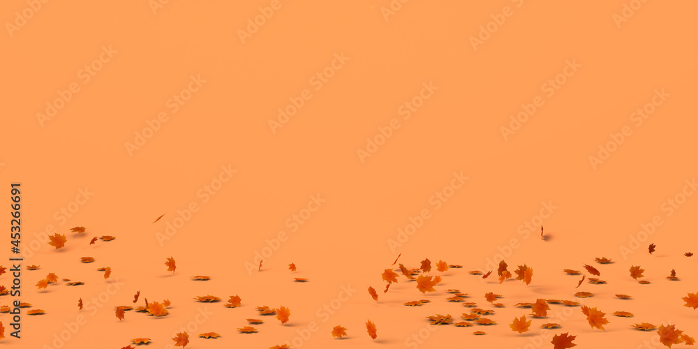 Fototapeta premium Autumn banner with fallen leaves on the ground. Copy space. 3D illustration. Header.