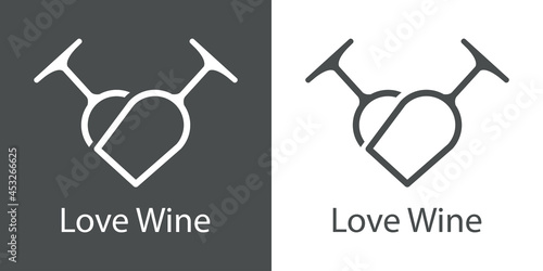 Logotipo con texto Love Wine con 2 copas de vino con forma de corazón con lineas en fondo gris y fondo blanco