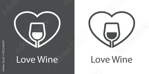 Logotipo con texto Love Wine con corazón con copa de vino con lineas en fondo gris y fondo blanco