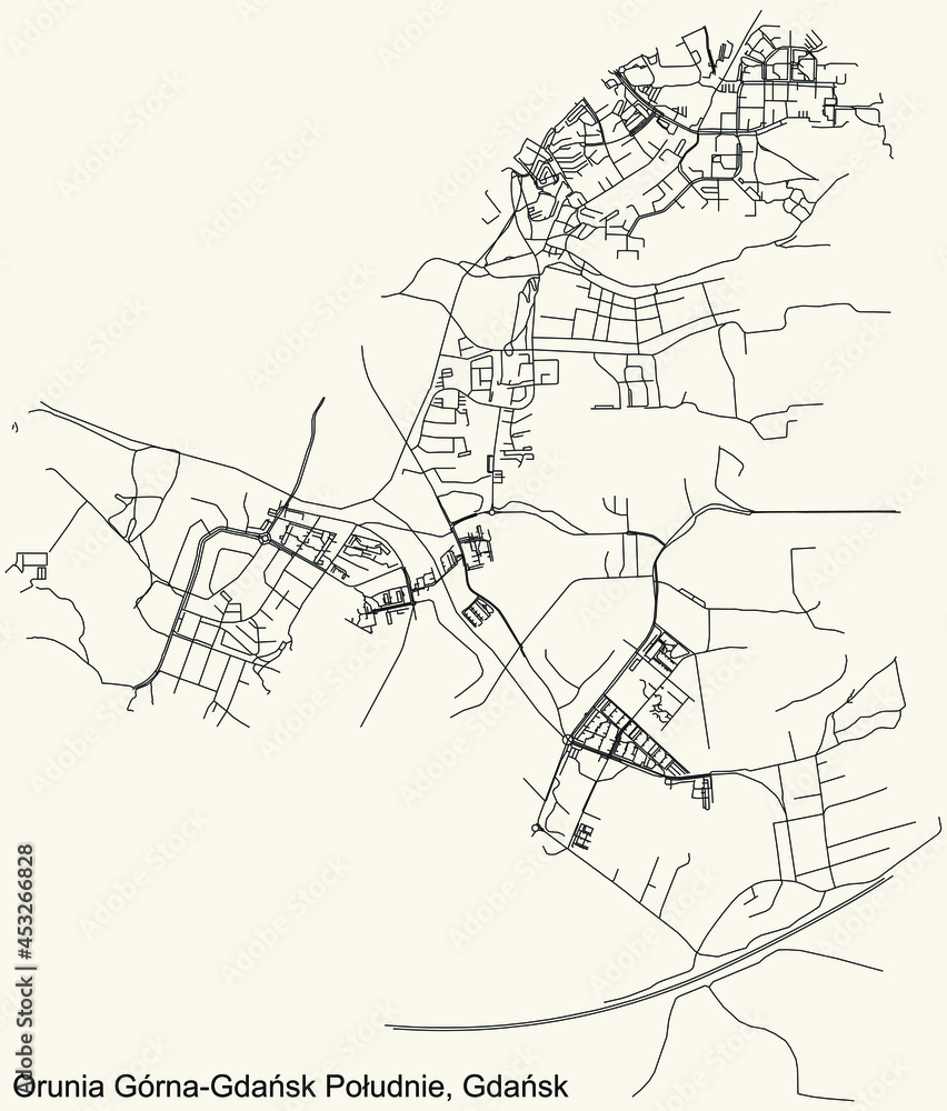 Obraz premium Black simple detailed street roads map on vintage beige background of the quarter Orunia Górna-Gdańsk Południe district of Gdansk, Poland