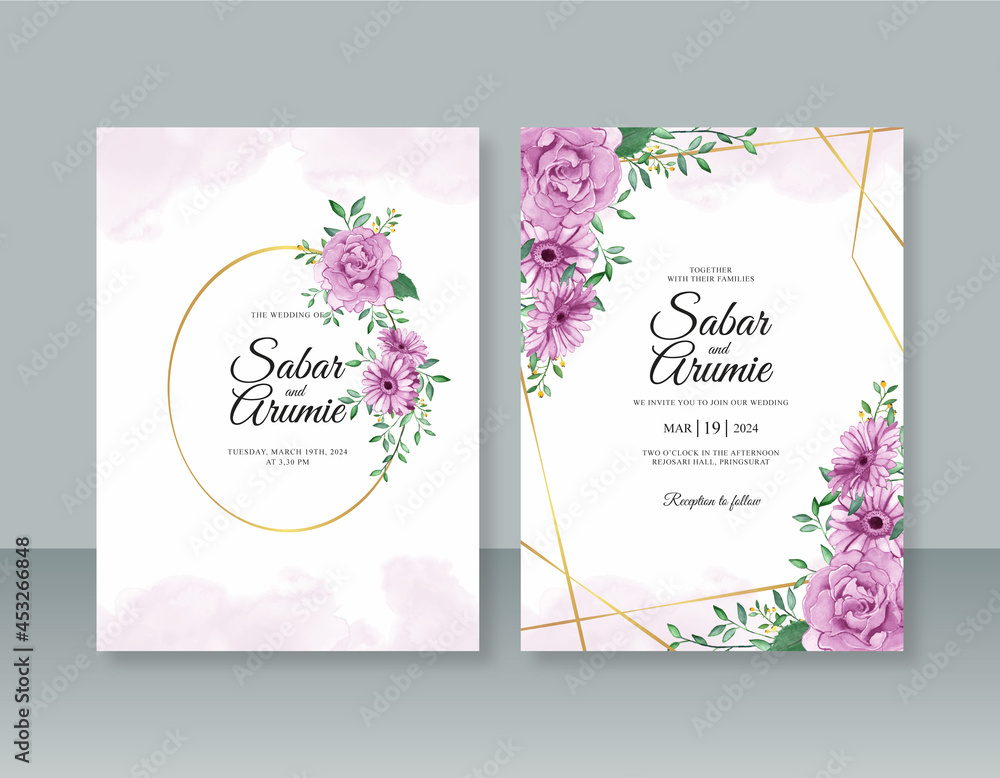 Wedding invitation template with purple flower watercolor painting and geometric frame