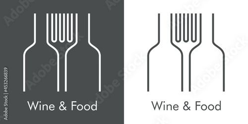 Logotipo con texto Wine & Food con silueta de 2 botellas de vino con forma de tenedor con lineas en fondo gris y fondo blanco