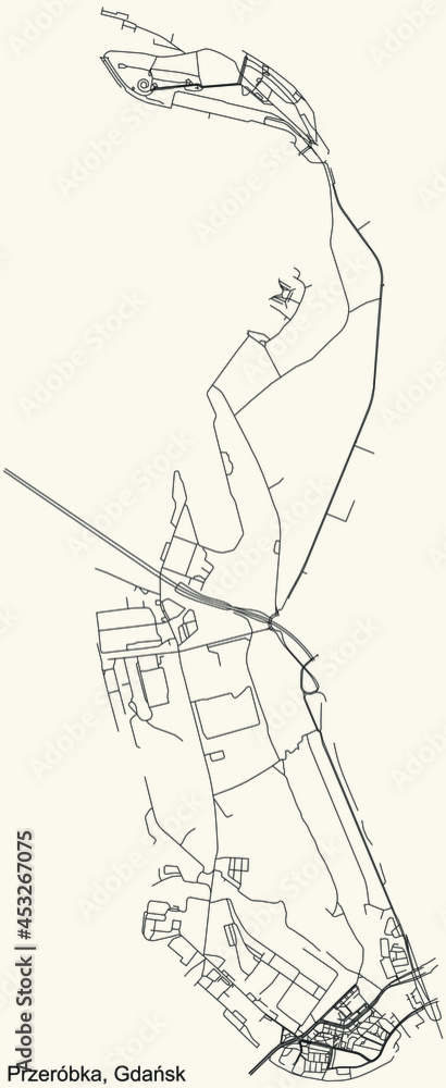 Black simple detailed street roads map on vintage beige background of the quarter Przeróbka district of  Gdansk, Poland