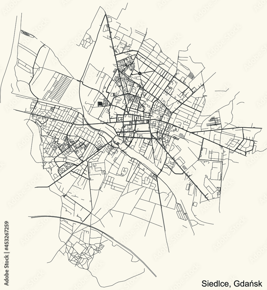 Black simple detailed street roads map on vintage beige background of the quarter Siedlce district of  Gdansk, Poland