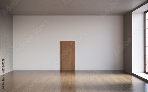 3d render of empty room with closed door and empty interior walls with copy space, cg render